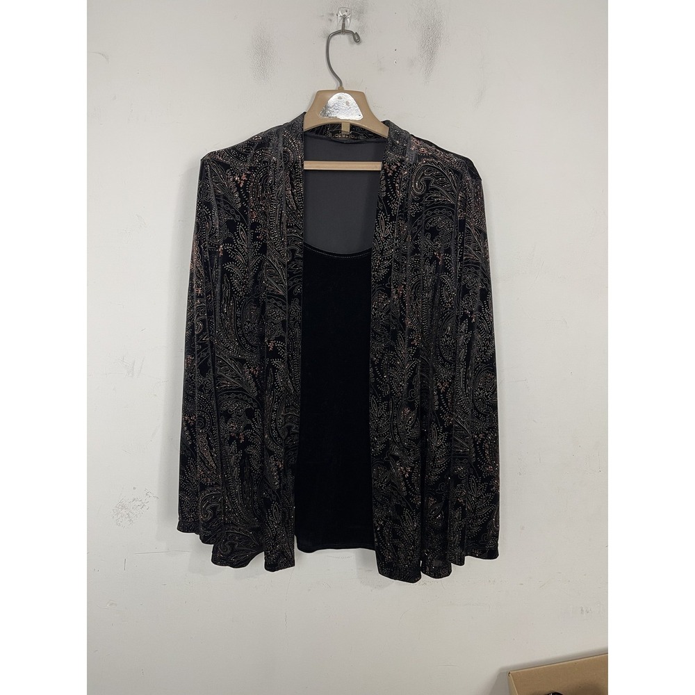 Notations Woman 2X Black Velvet Metallic Paisley‎ Open Front Cardigan Shrug